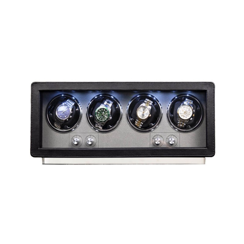 Four Rolex watches winding simultaneously inside Roroos black leather 4-watch winder case