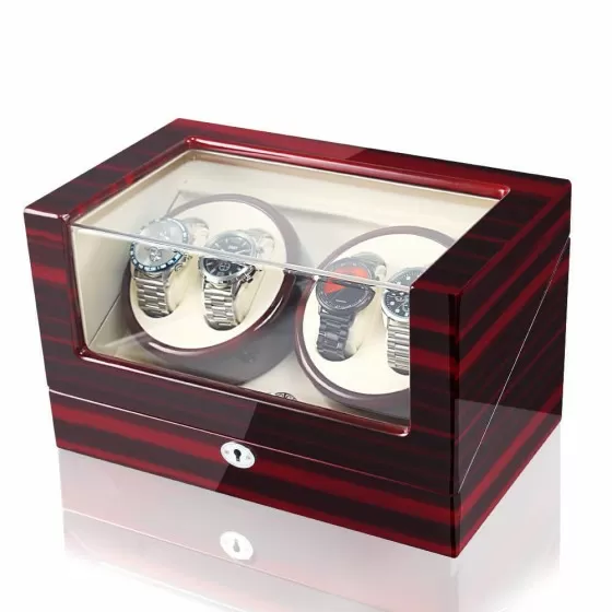 Roroos wooden quad watch winder side view showing ebony piano lacquer finish and acrylic glass