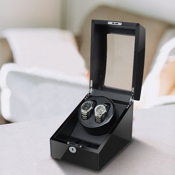 Black double watch winder box on office desk – quiet automatic watch winder with 3 watch storage