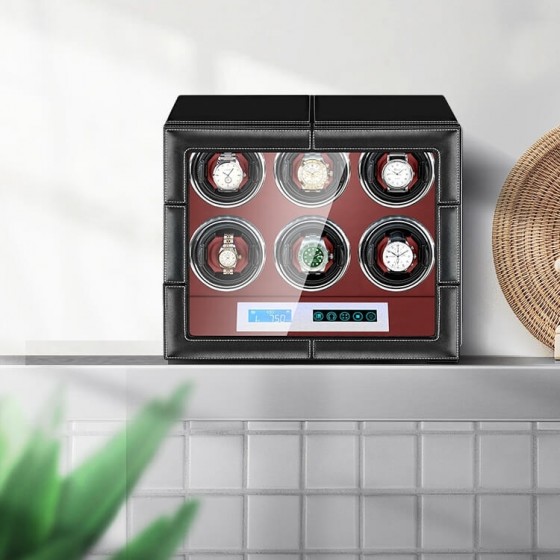 Avvolgitore per orologi a doppio rotore Smart sei pezzi con superficie in PU e interno rosso