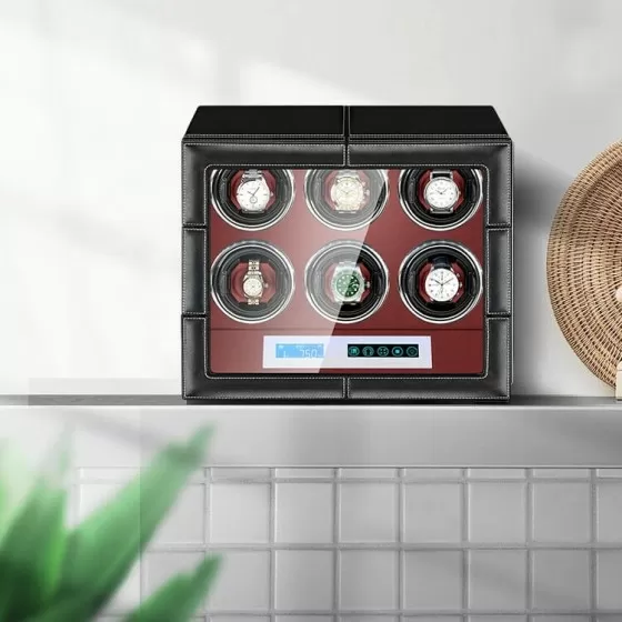 Avvolgitore per orologi a doppio rotore Smart sei pezzi con superficie in PU e interno rosso