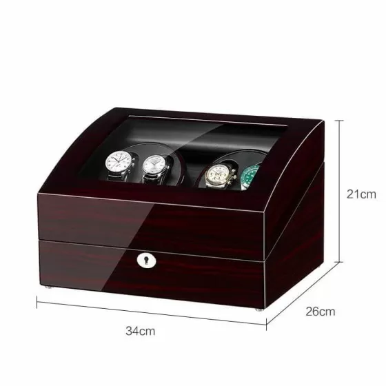 Dark ebony grain automatic watch winder for 4 watches – angled view showing wood texture and glass door