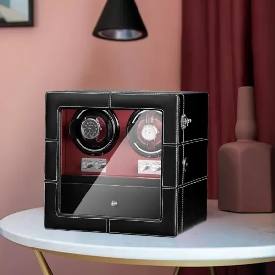 Watch Winder 2 Watches with Quiet Motors in Black Red Leather
