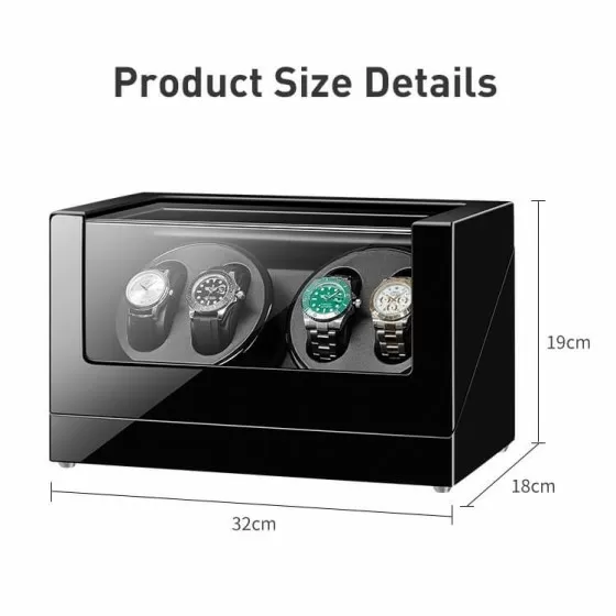 Interior of black wooden quad watch winder — 4 independent winding rotors with cushion pillows