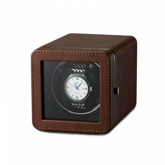 Mahogany leather single automatic watch winder box by Roroos, angled view