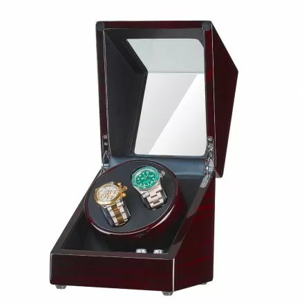 Roroos ebony double watch winder box with piano-lacquer finish and glass display front door Overview