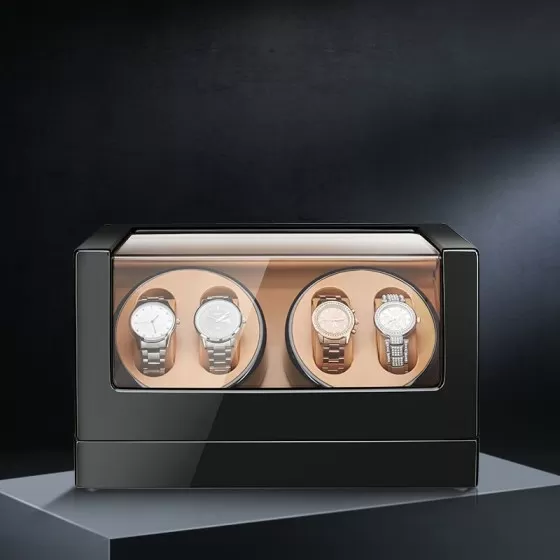 Black quad watch winder with adjustable pillows on dresser — 4 automatic watch winder for watch collectors