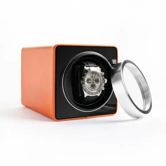 Single Watch Winder in Orange PU Leather with Aluminium Window