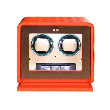 Caja enrolladora doble de lujo con cuero naranja para relojes automáticos