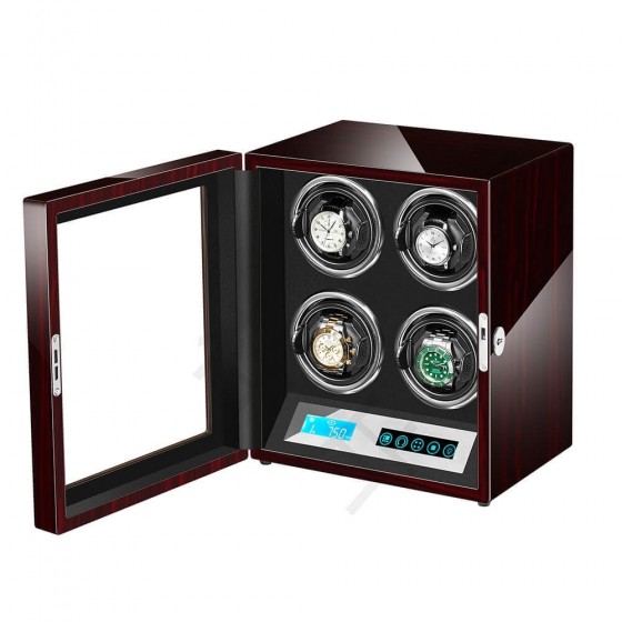 Black velvet interior with four watch cushions inside smart LCD watch winder