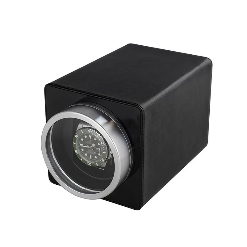 Single Watch Winder in Black PU Leather with Aluminium Window