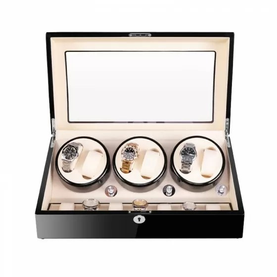 Enrollador de reloj automático de seis piezas negro con interior beige y 7 espacios de almacenamiento adicionales