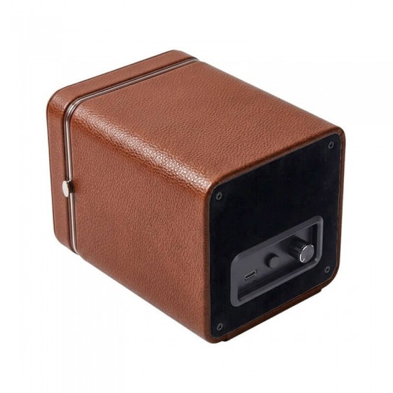 Side view of Roroos mahogany leather single watch winder showing compact design