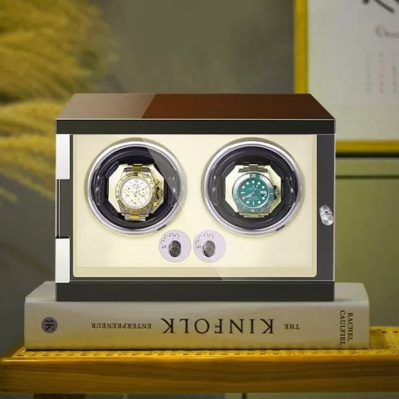 Roroos classic wooden double watch winder on bedroom nightstand with two luxury automatic watches
