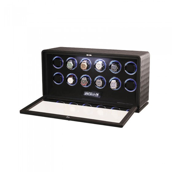 Detalle del cuero negro premium del watch winder Sanctuary con 12 módulos