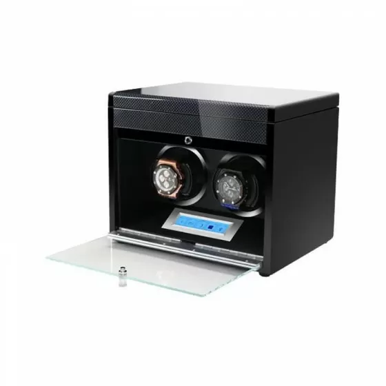 Open view of Roroos 2-watch carbon fibre winder showing watch pillows and velvet lining