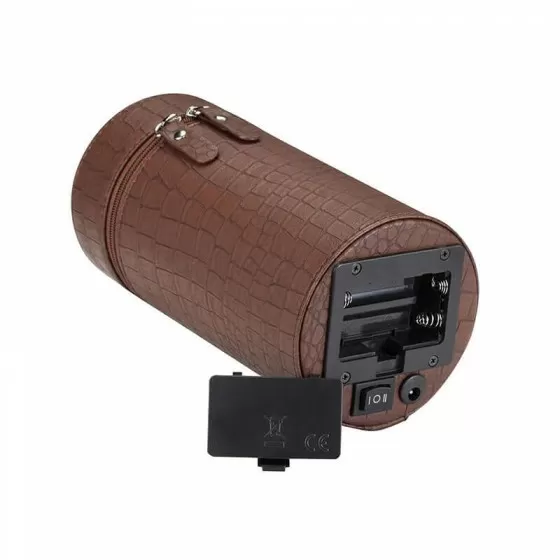 AC and battery power input on portable single slot watch winder in leather finish
