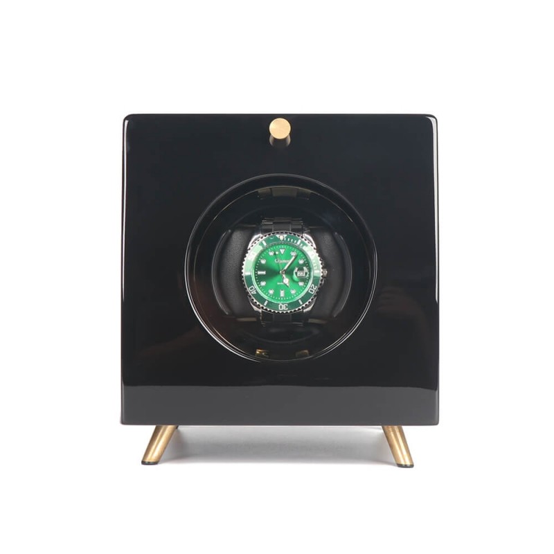 Roroos black wooden retro single automatic watch winder with piano-lacquer finish and glass front window