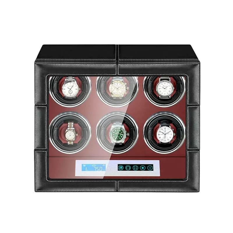 Avvolgitore per orologi a doppio rotore Smart sei pezzi con superficie in PU e interno rosso