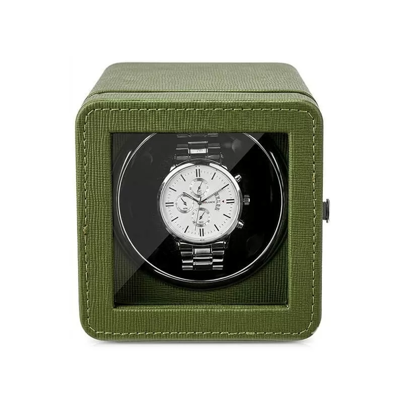 Roroos olive green leather single watch winder with gold accents – automatic watch winder Singapore