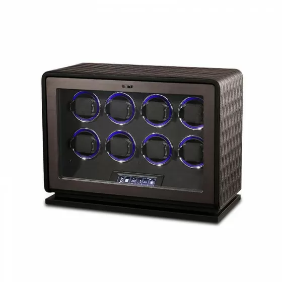 8-slot automatic watch winder in black PU leather — front view