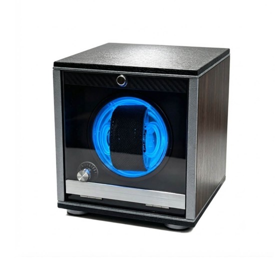 Single watch winder in walnut ebony finish with metal edge banding