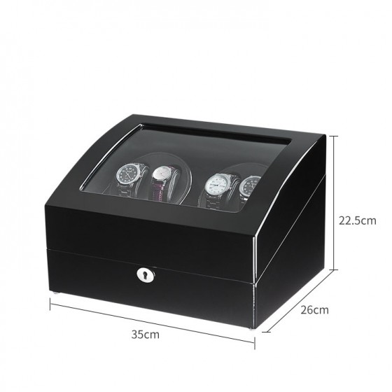 Piano gloss black watch winder for 4 automatic watches – angled view showing display door