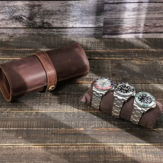 Roroos Top Grain Leather Travel Watch Roll — 3 Watch Capacity