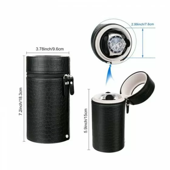 Compact black leather watch winder next to passport – portable travel size