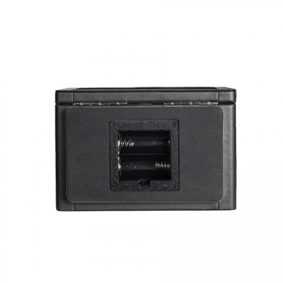 Underside of Roroos black leather 2-watch winder showing anti-slip feet and battery compartment