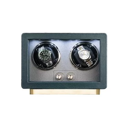 Retro green leather double watch winder — front view with closed lid
