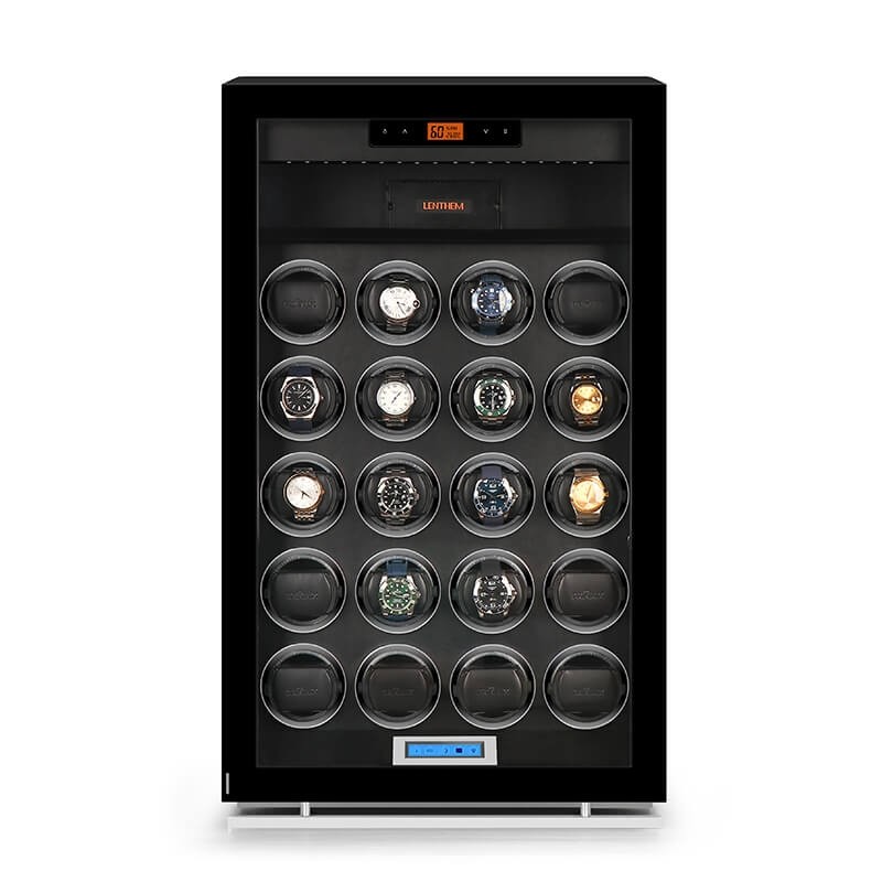 20-slot premium watch winder dehumidifier cabinet by Roroos with glass door and LED lighting, front view