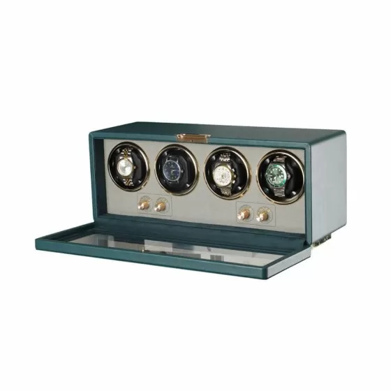Roroos green leather quad watch winder interior showing four velvet watch pillows