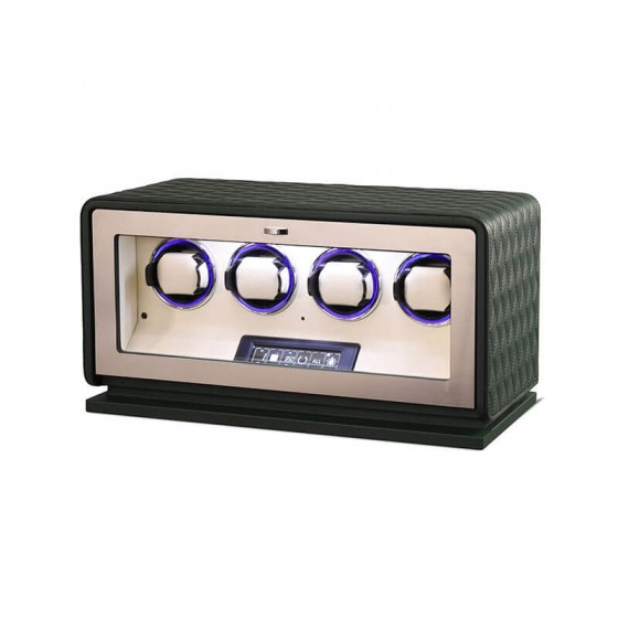 Cream velvet interior of Roroos forest green 4-watch winder with four Rolex watches loaded