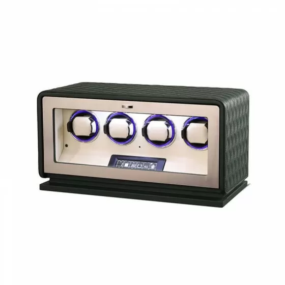 Cream velvet interior of Roroos forest green 4-watch winder with four Rolex watches loaded