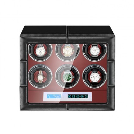 Leather Six Piece Watch Winder with Red Interior