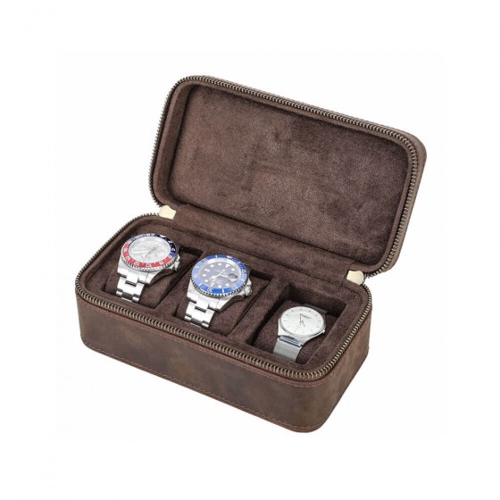 Interior detail of Roroos 3-slot leather jewellery watch travel box showing ring roll, watch pillow and necklace hook