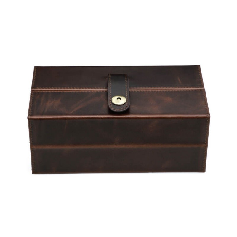 Caja para relojes artesanal de cuero marrón Roroos — vista exterior frontal