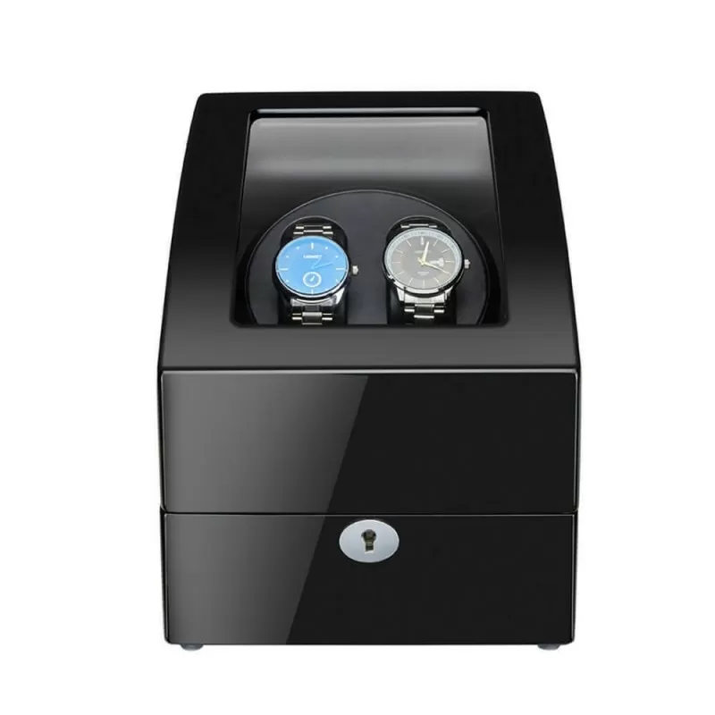 Roroos piano gloss black double watch winder with 3 padded storage compartments — minimalist front view for modern interiors