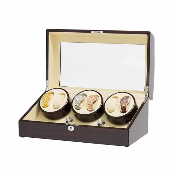 Classic Ebony Six Pieces Watch Winder With Beige Interior