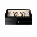 Enrollador de reloj automático de seis piezas negro con interior beige y 7 espacios de almacenamiento adicionales