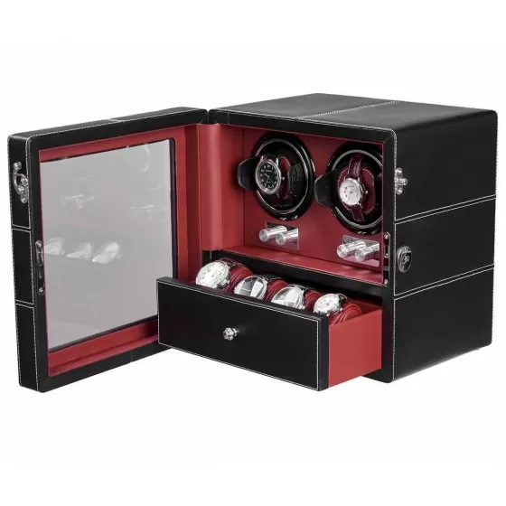 Watch Winder 2 Watches with Quiet Motors in Black Red Leather