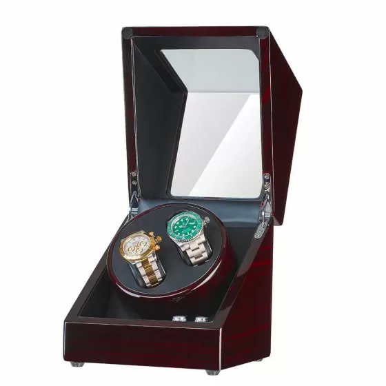 Almond suede interior of Roroos ebony double automatic watch winder showing two independent winding bays