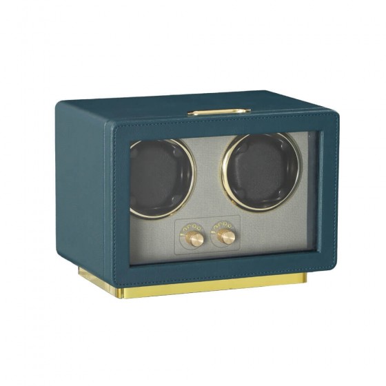 Green leather watch winder interior — grey cushion slots for Rolex Submariner and Datejust