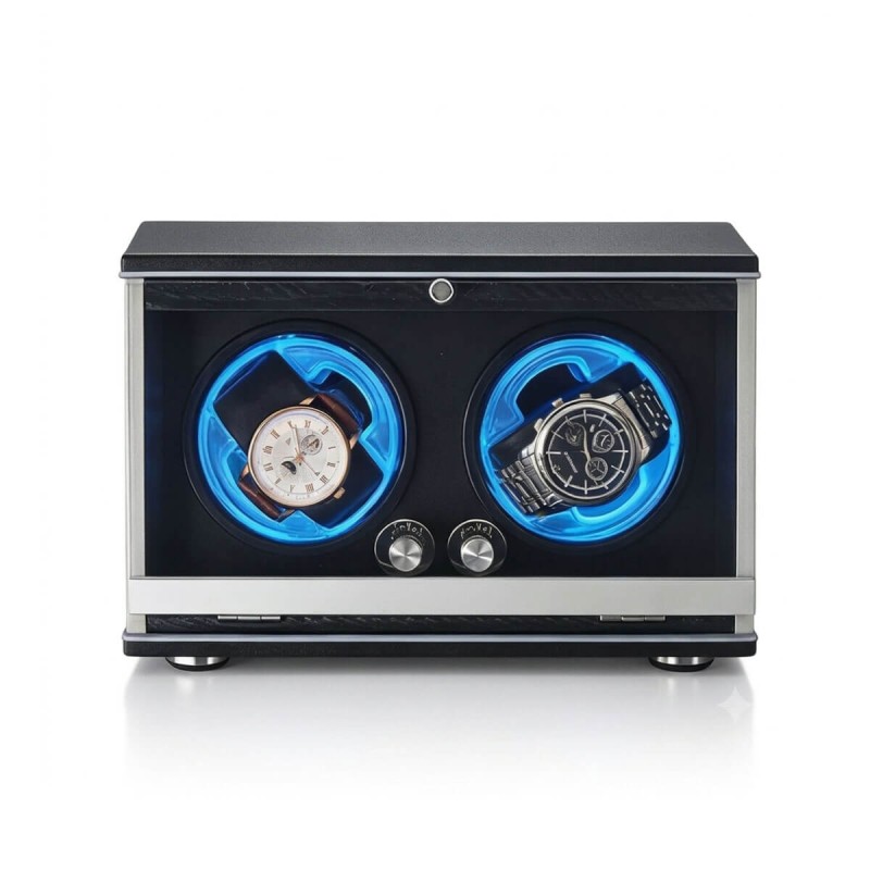 Walnut wood double watch winder front view — dual floating blue LED rings illuminating two automatic watch cradles
