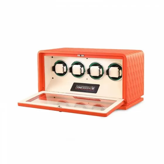 Luxury orange leather watch winder box with RGB LED lighting