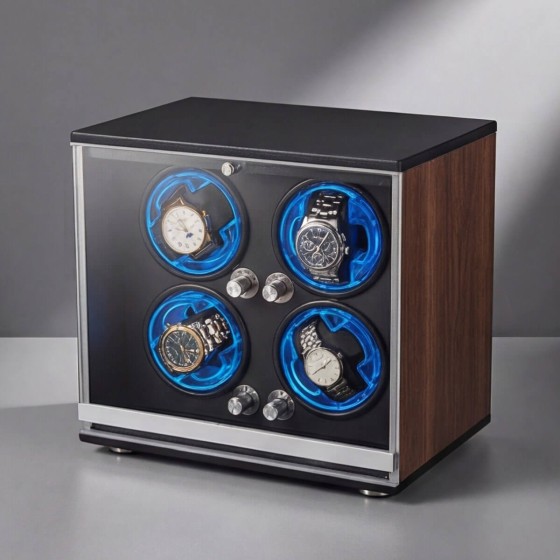 Roroos walnut wood quad watch winder on grey studio backdrop — four blue LED rings winding Rolex, Omega and chronograph automatic watches