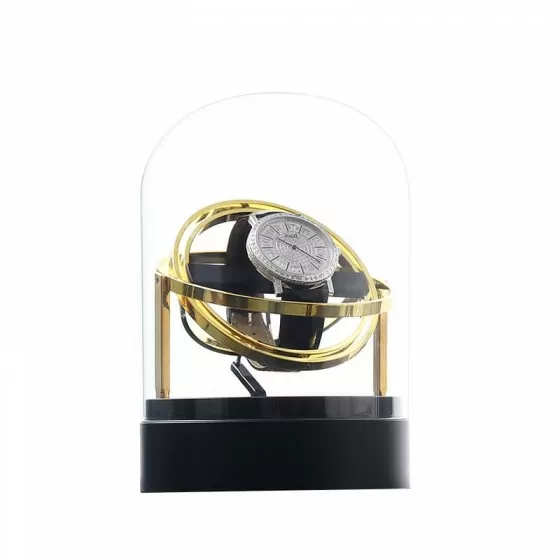 Roroos gold orbital watch winder spinning showing 3D gyroscopic rotation mechanism