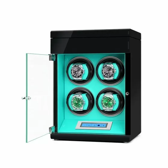 Angled view of Tiffany blue quad watch winder and jewelry box