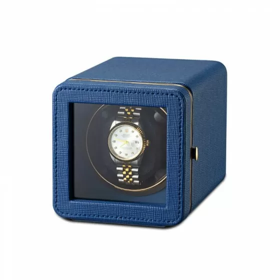 Phantom blue leather single automatic watch winder box by Roroos, angled view